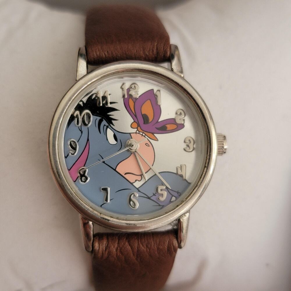 Vintage Girls Watch Eeyore Multicolor Dial 25mm Silver Case Brown Leather Quartz